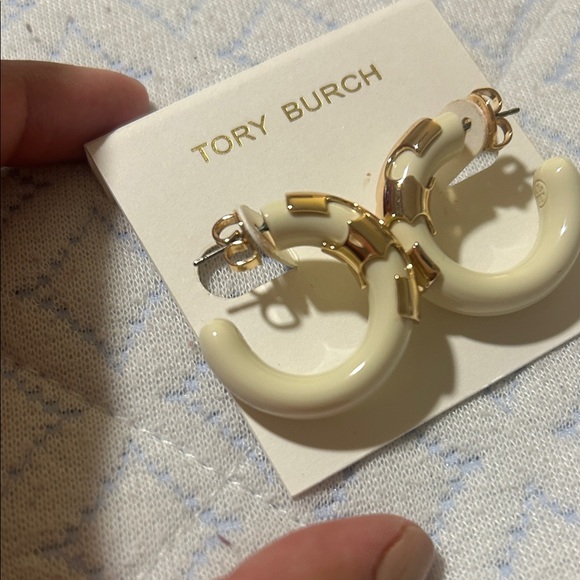 Tory Burch Gold and Cream Hoop Earrings - Picture 5 of 6